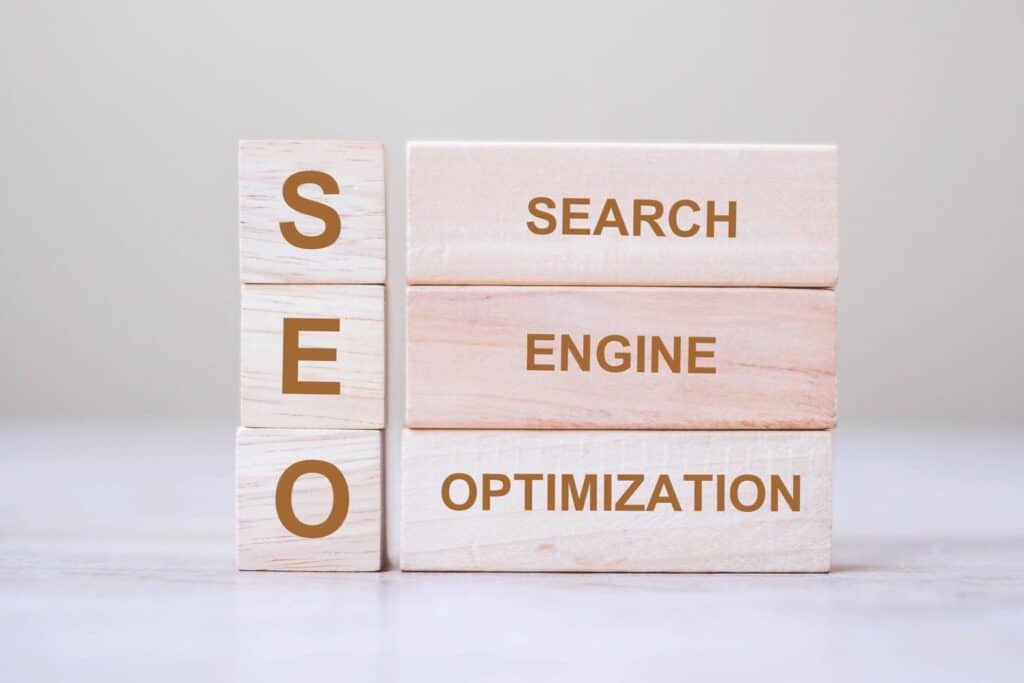 SEO (Search Engine Optimization) text wooden cube blocks