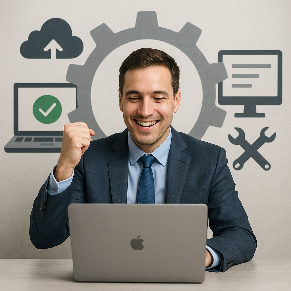 Tech support engineer happy customer getting IT support